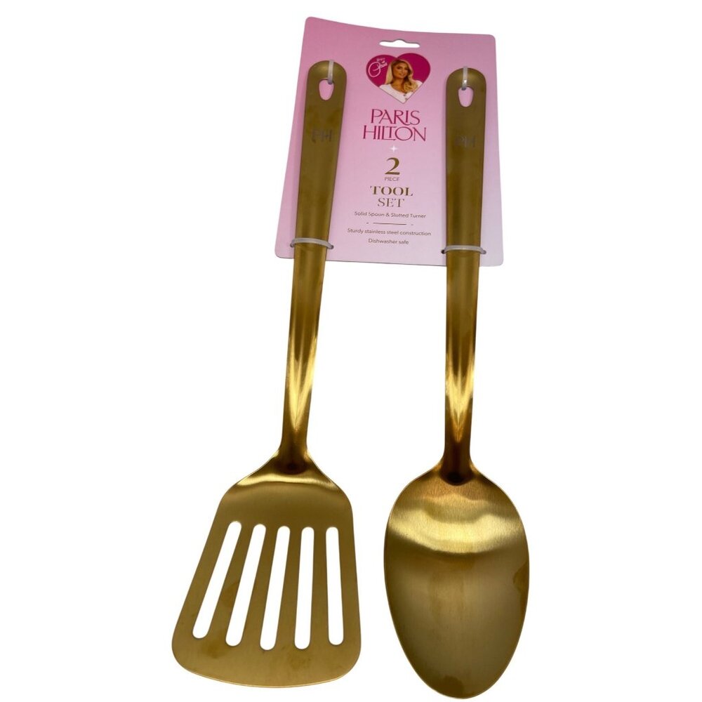 Paris Hilton 2-Piece Tool Set Gold‎ Solid Spoon & Slotted Turner Stainless Steel